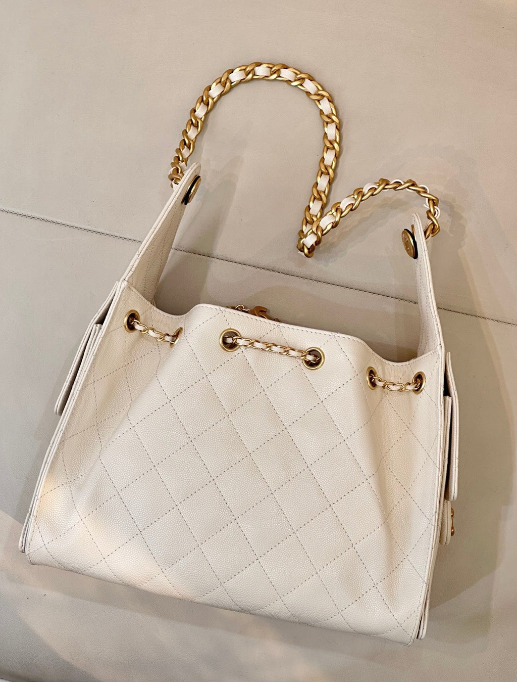 Chanel AS5293 Small Hobo Handbag Calfskin & Gold-Tone Metal  Beige