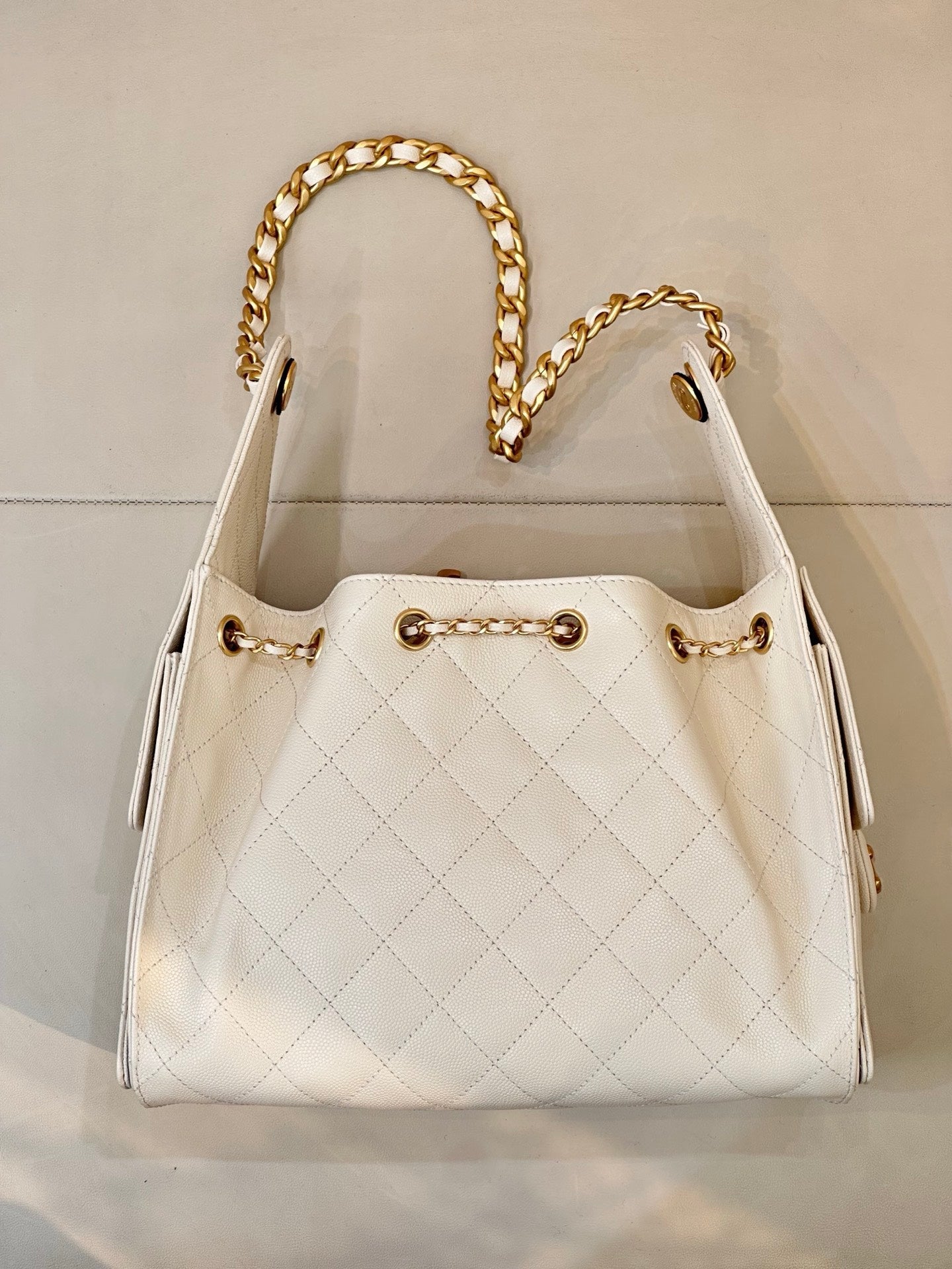 Chanel AS5293 Small Hobo Handbag Calfskin & Gold-Tone Metal  Beige