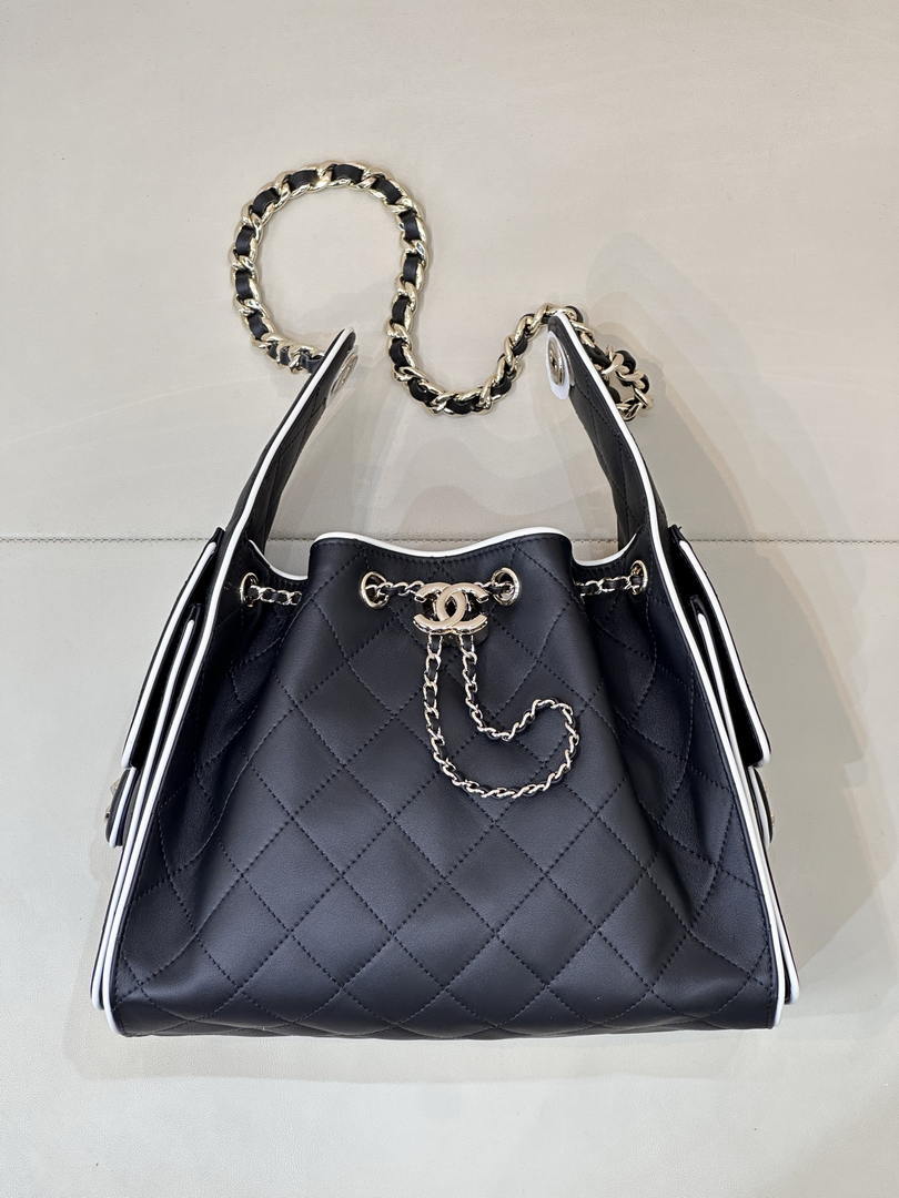Chanel AS5293 Small Hobo Handbag Lambskin & Gold-Tone Metal Black &White