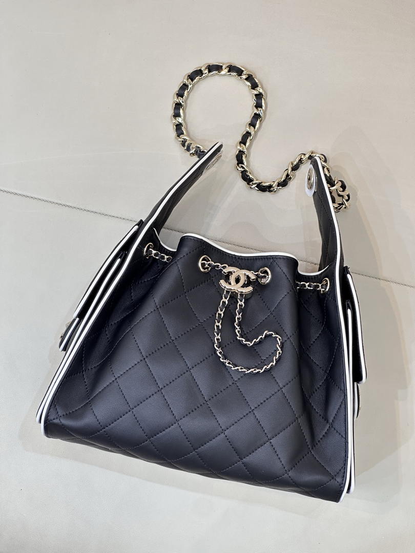 Chanel AS5293 Small Hobo Handbag Lambskin & Gold-Tone Metal Black &White
