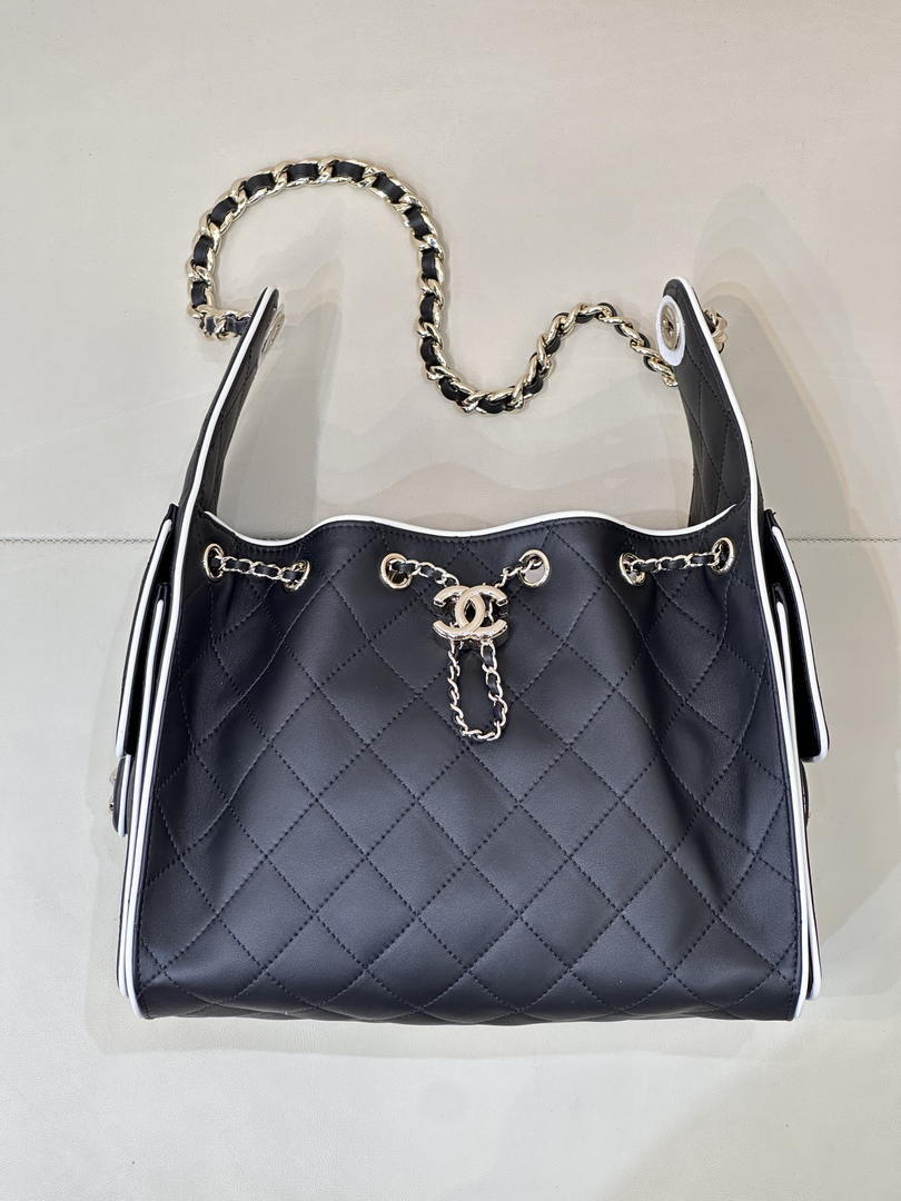 Chanel AS5293 Small Hobo Handbag Lambskin & Gold-Tone Metal Black &White - Default Title - View 3
