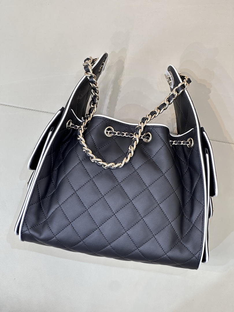 Chanel AS5293 Small Hobo Handbag Lambskin & Gold-Tone Metal Black &White