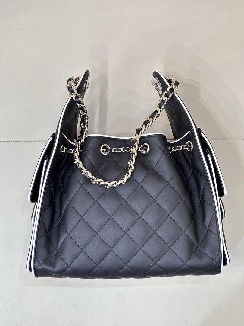 Chanel AS5293 Small Hobo Handbag Lambskin & Gold-Tone Metal Black &White