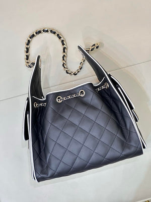 Chanel AS5293 Small Hobo Handbag Lambskin & Gold-Tone Metal Black &White - Default Title - View 7