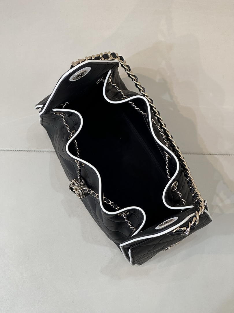 Chanel AS5293 Small Hobo Handbag Lambskin & Gold-Tone Metal Black &White