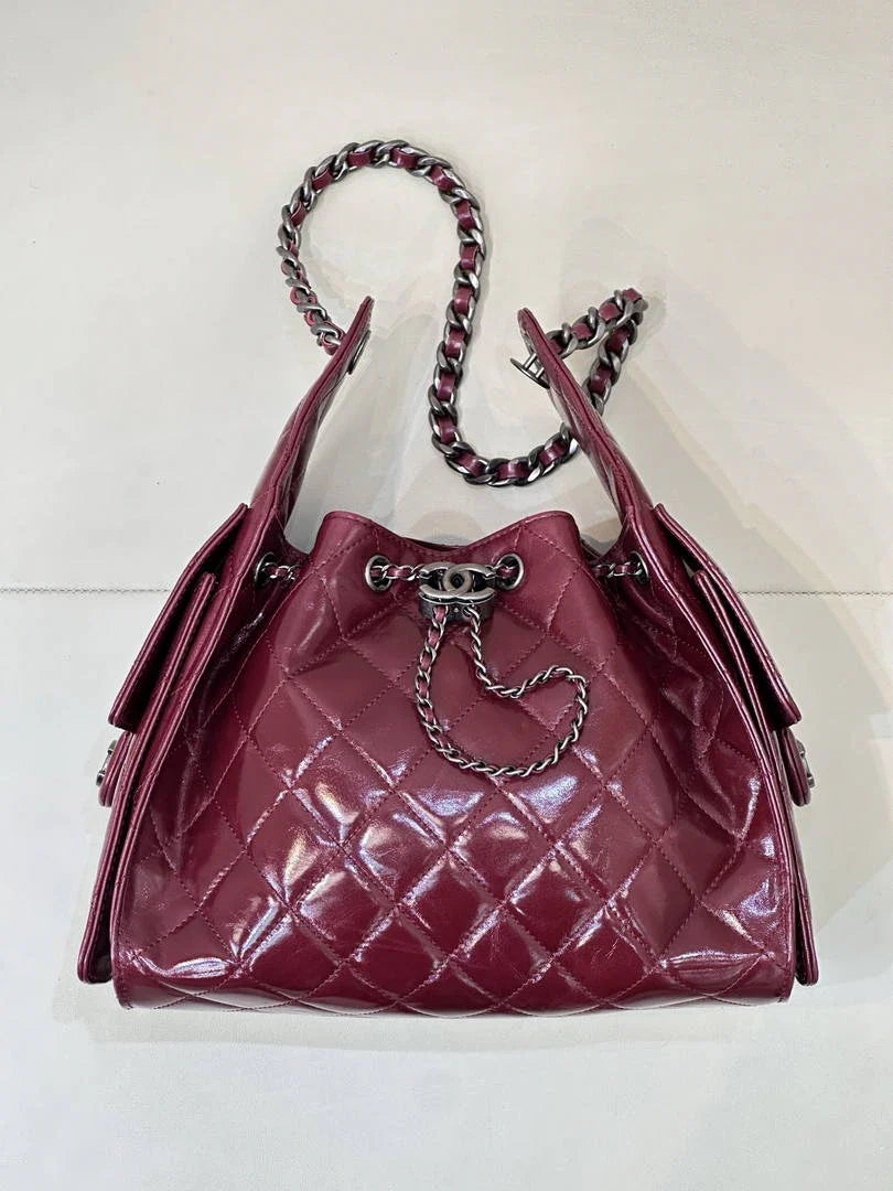 Chanel AS5293 Small Hobo Lambskin & Black Silver-Tone Metal  Wine Red - Default Title - View 1