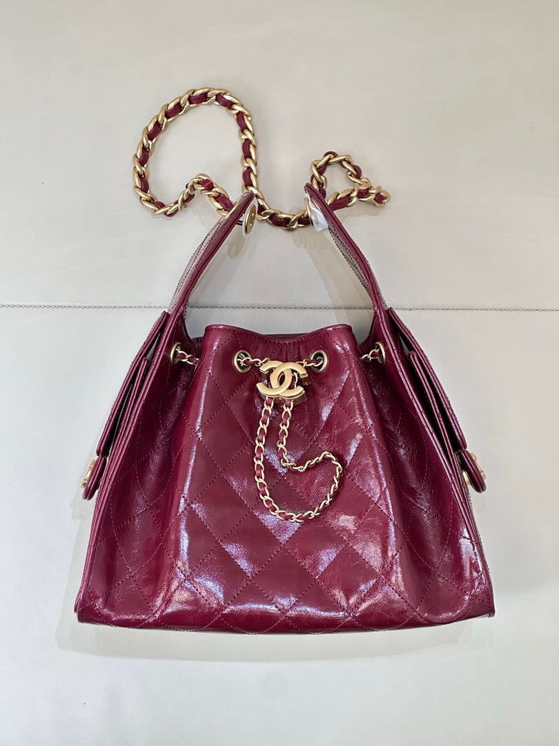 Chanel AS5293 Small Hobo Lambskin & Gold-Tone Metal Wine Red