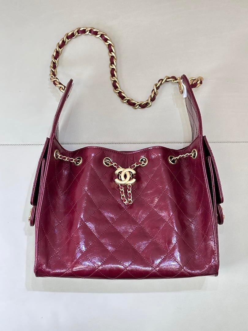Chanel AS5293 Small Hobo Lambskin & Gold-Tone Metal Wine Red