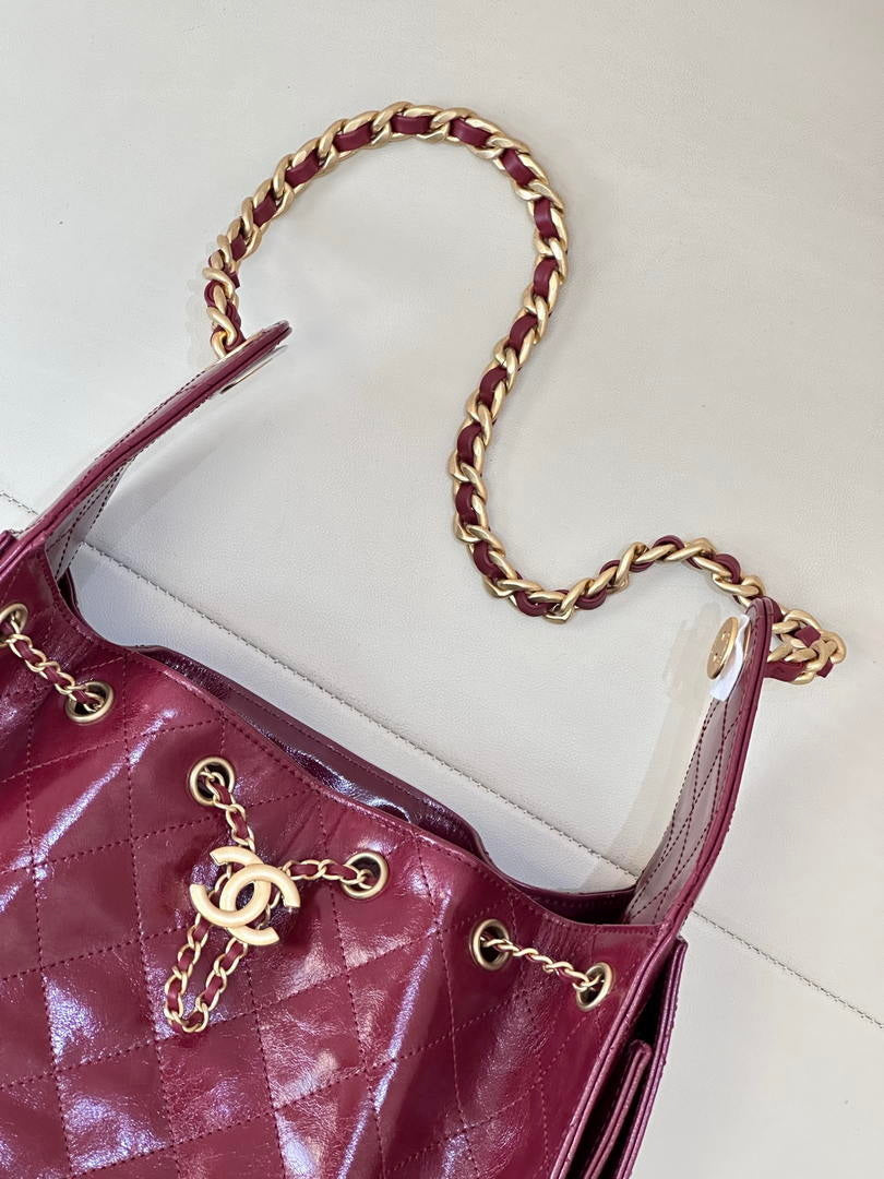 Chanel AS5293 Small Hobo Lambskin & Gold-Tone Metal Wine Red