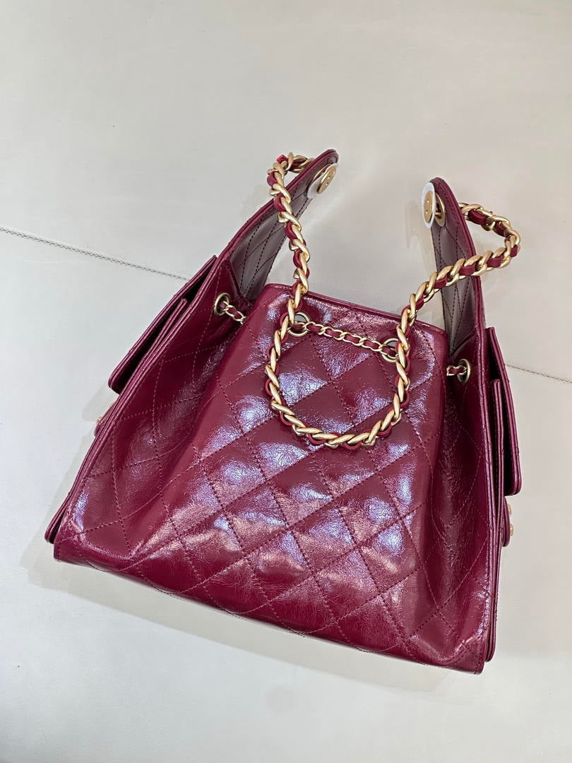 Chanel AS5293 Small Hobo Lambskin & Gold-Tone Metal Wine Red