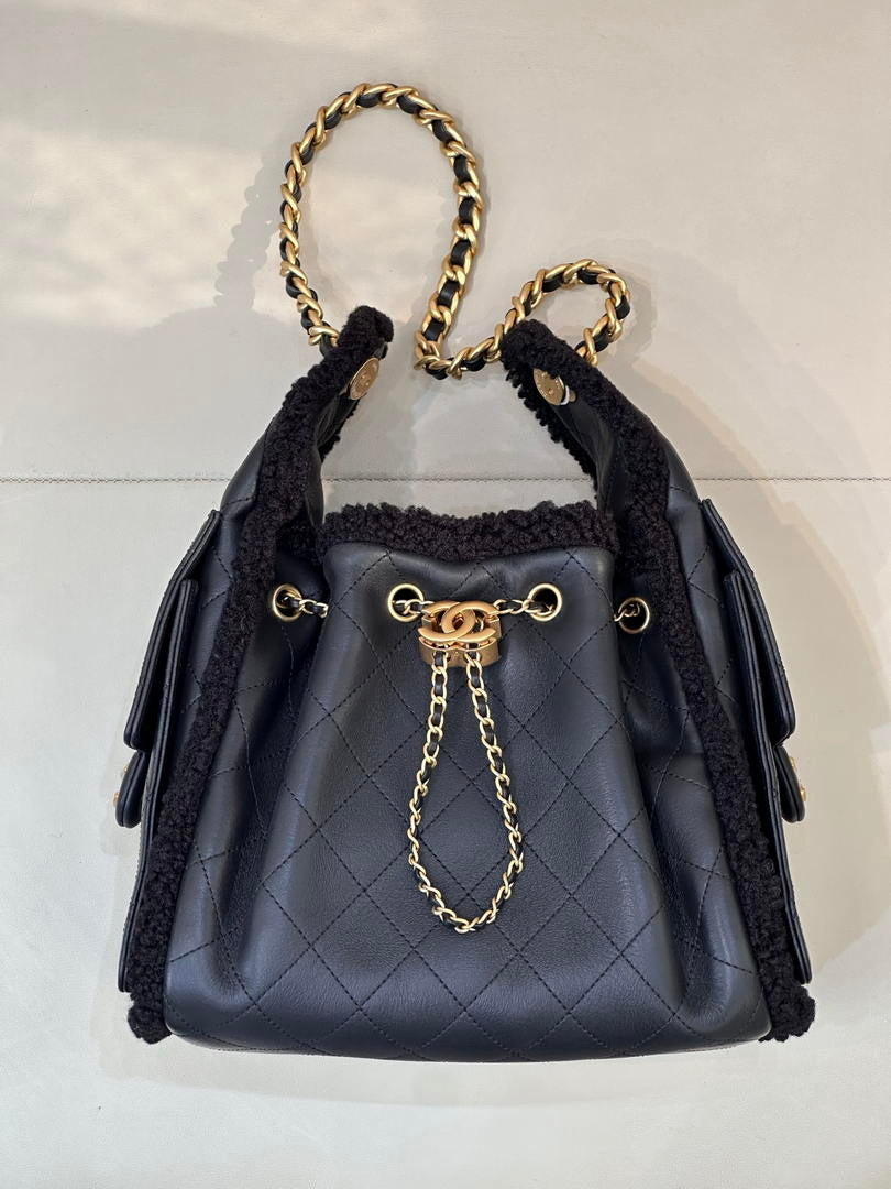 Chanel AS5293 Small Hobo Shearling Sheepskin & Gold-Tone Metal Black