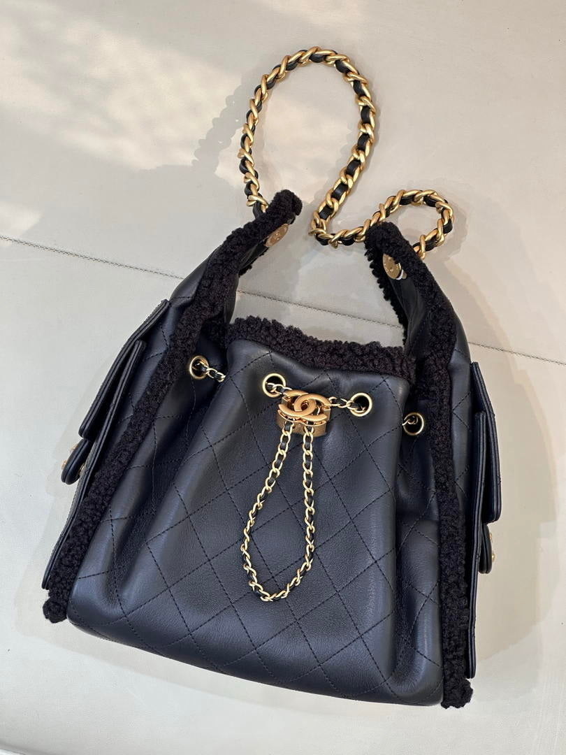 Chanel AS5293 Small Hobo Shearling Sheepskin & Gold-Tone Metal Black