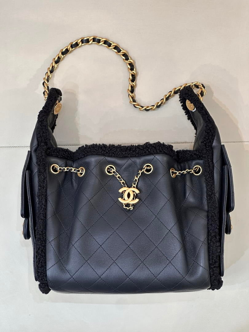 Chanel AS5293 Small Hobo Shearling Sheepskin & Gold-Tone Metal Black