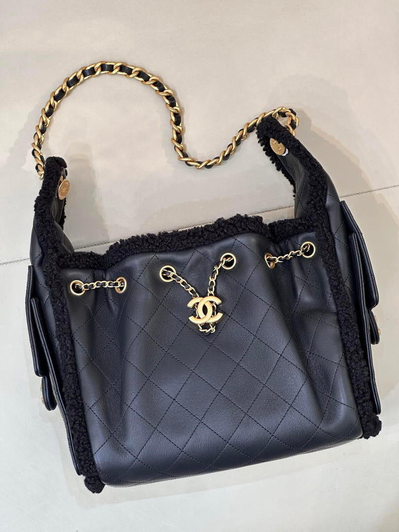 Chanel AS5293 Small Hobo Shearling Sheepskin & Gold-Tone Metal Black