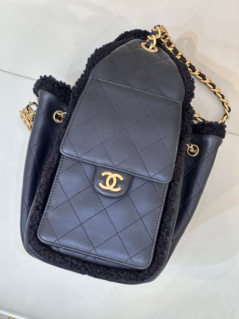 Chanel AS5293 Small Hobo Shearling Sheepskin & Gold-Tone Metal Black