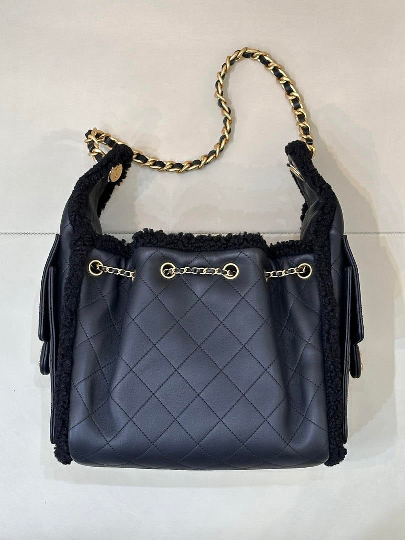 Chanel AS5293 Small Hobo Shearling Sheepskin & Gold-Tone Metal Black