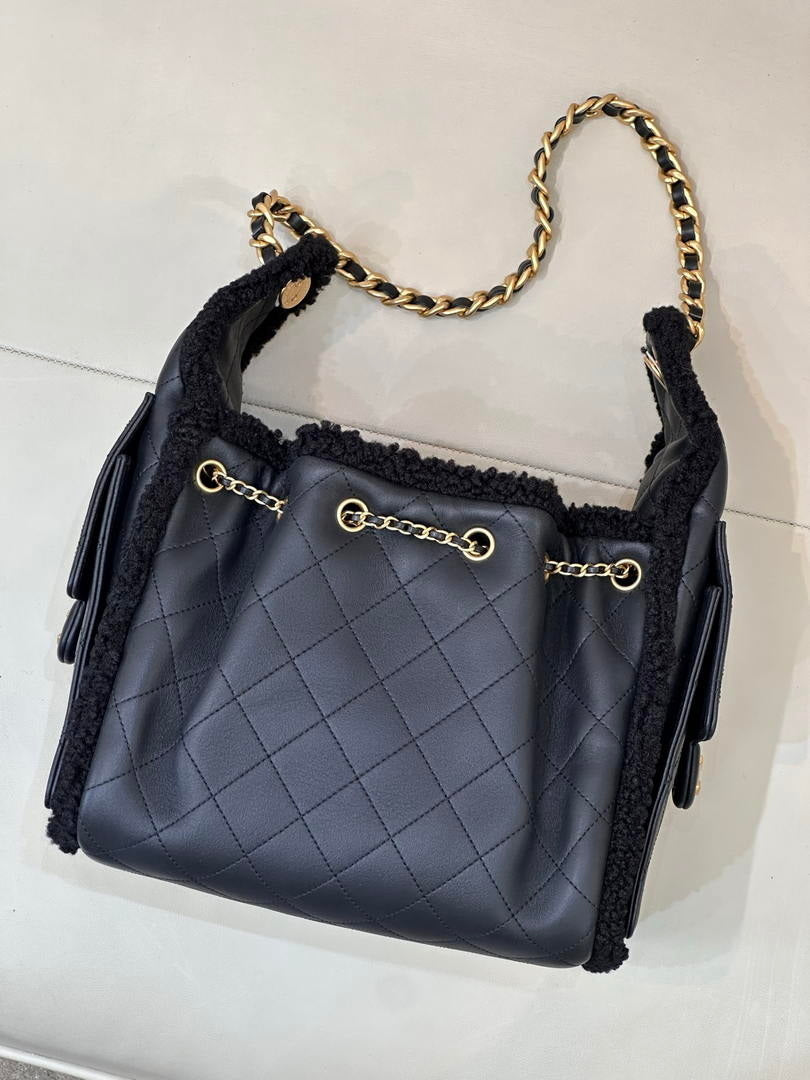 Chanel AS5293 Small Hobo Shearling Sheepskin & Gold-Tone Metal Black