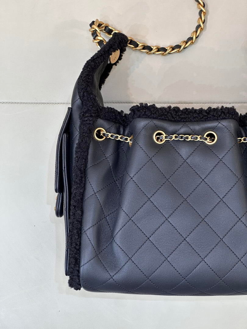 Chanel AS5293 Small Hobo Shearling Sheepskin & Gold-Tone Metal Black