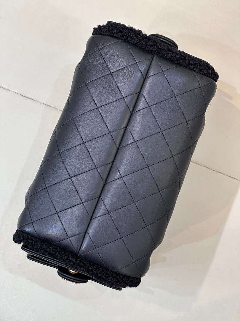 Chanel AS5293 Small Hobo Shearling Sheepskin & Gold-Tone Metal Black