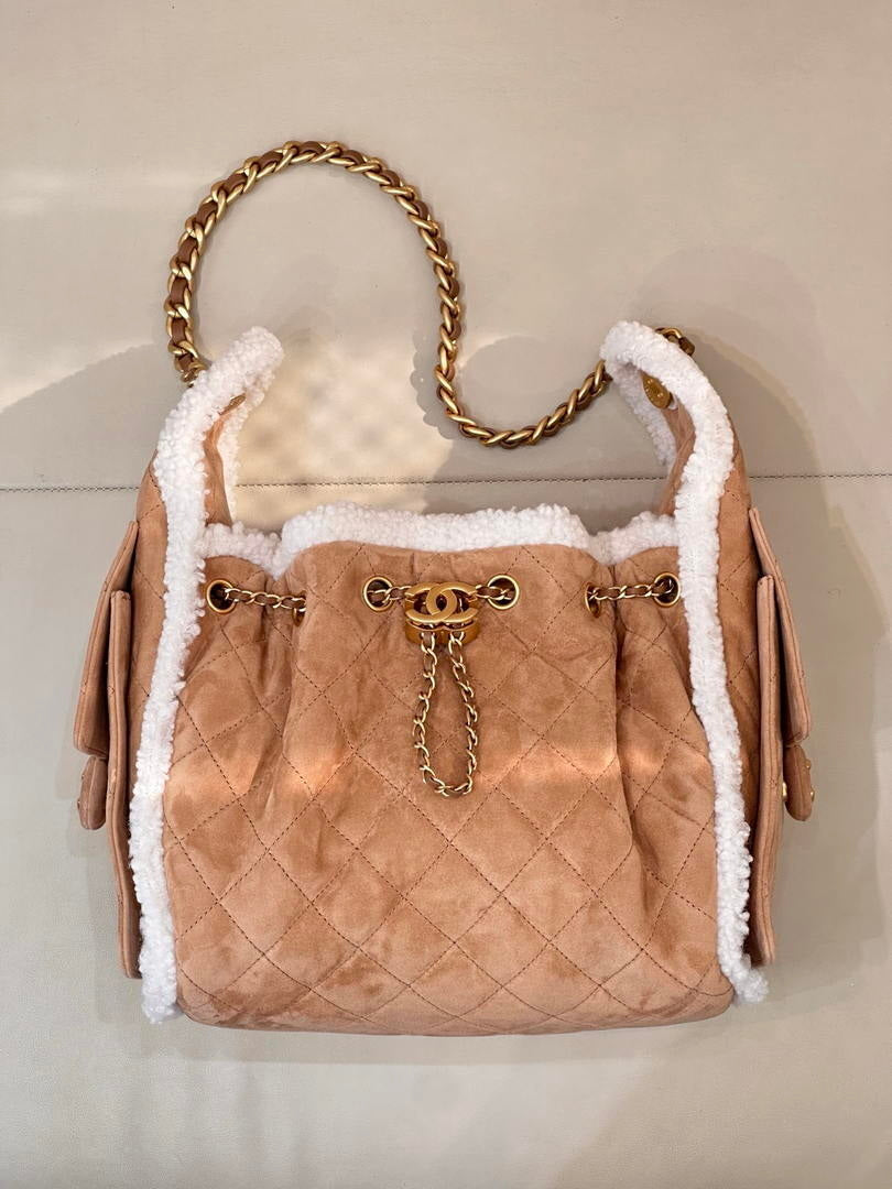 Chanel AS5293 Small Hobo Shearling Sheepskin & Gold-Tone Metal Tan