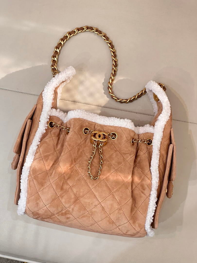 Chanel AS5293 Small Hobo Shearling Sheepskin & Gold-Tone Metal Tan