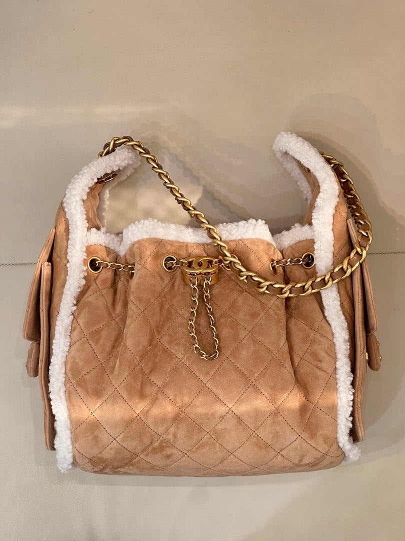 Chanel AS5293 Small Hobo Shearling Sheepskin & Gold-Tone Metal Tan