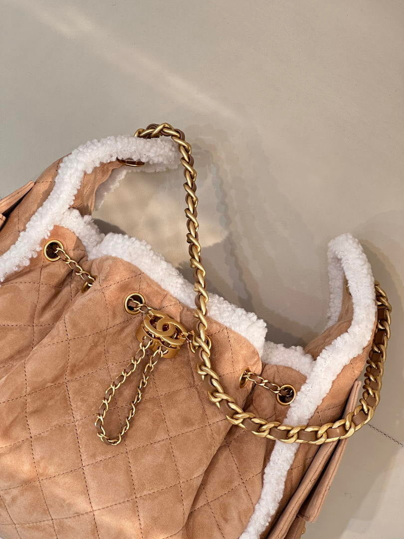 Chanel AS5293 Small Hobo Shearling Sheepskin & Gold-Tone Metal Tan