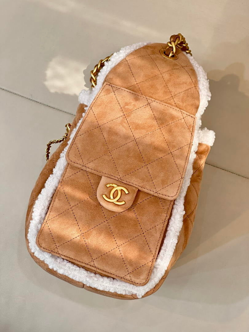 Chanel AS5293 Small Hobo Shearling Sheepskin & Gold-Tone Metal Tan