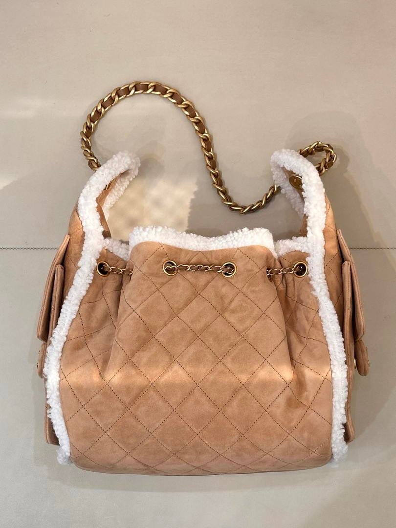 Chanel AS5293 Small Hobo Shearling Sheepskin & Gold-Tone Metal Tan