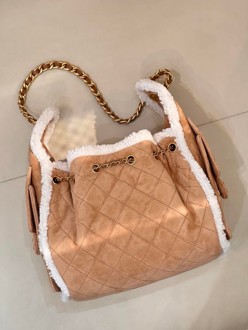 Chanel AS5293 Small Hobo Shearling Sheepskin & Gold-Tone Metal Tan