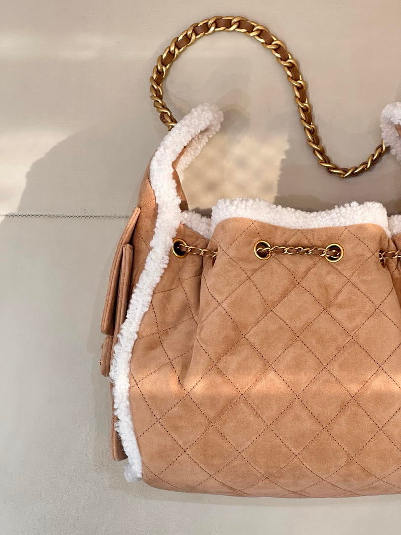 Chanel AS5293 Small Hobo Shearling Sheepskin & Gold-Tone Metal Tan