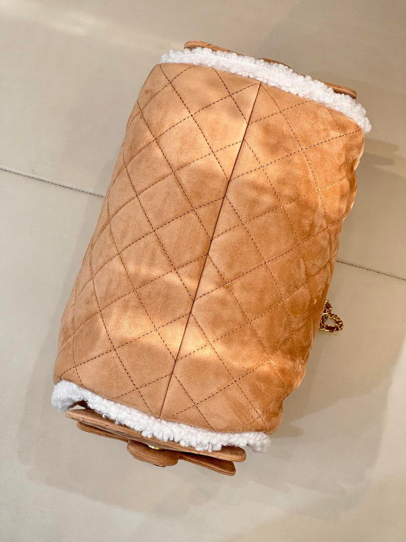 Chanel AS5293 Small Hobo Shearling Sheepskin & Gold-Tone Metal Tan