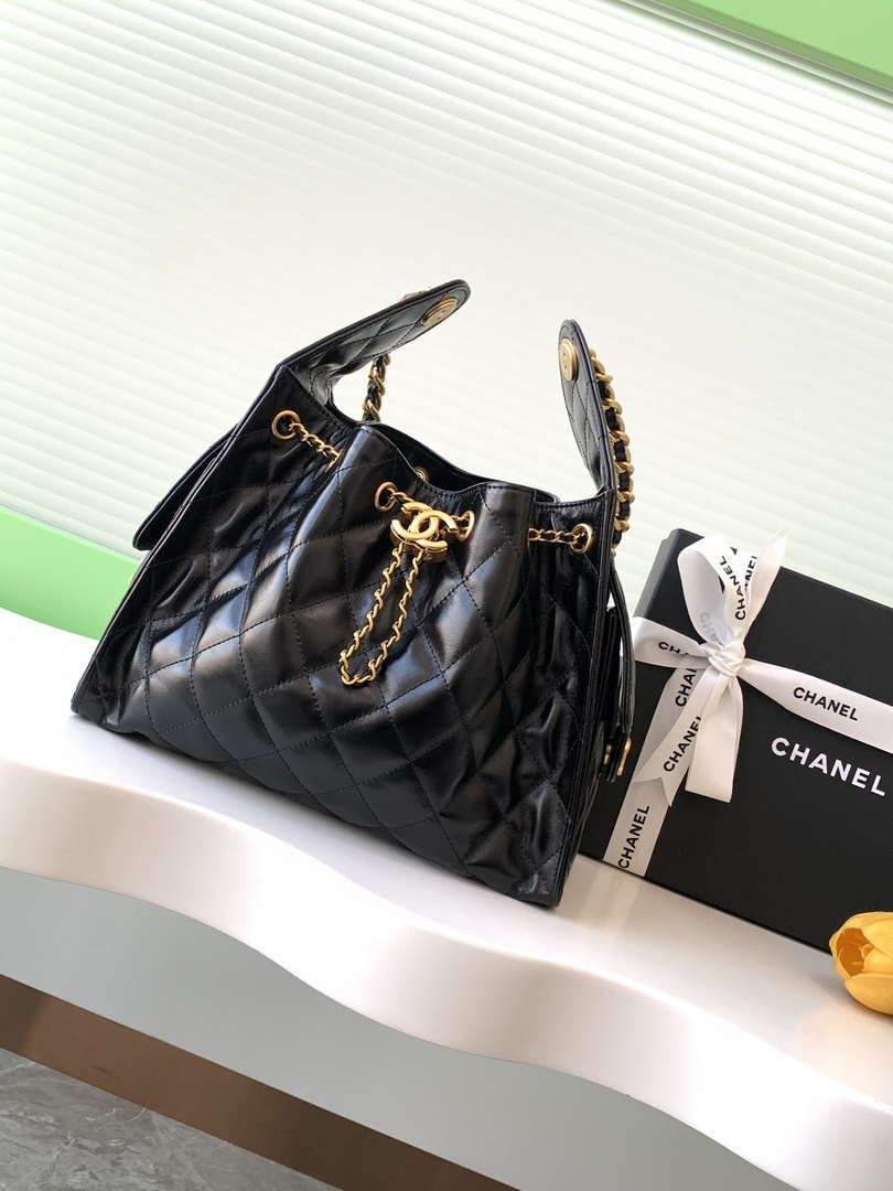 Chanel AS5293 Small Hobo Shiny Lambskin & Gold-Tone Metal Black - Default Title - View 1