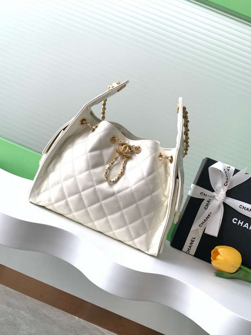 Chanel AS5293 Small Hobo Shiny Lambskin & Gold-Tone Metal White - Default Title - View 1