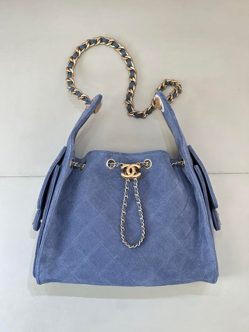Chanel AS5293 Small Hobo Suede & Gold-Tone Metal Blue
