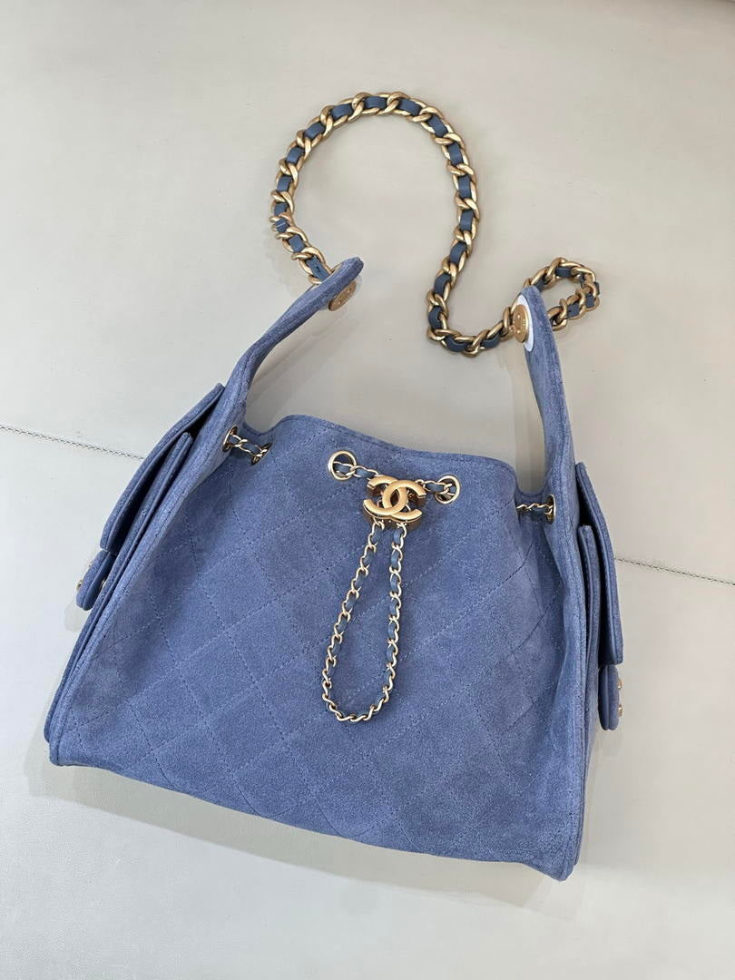 Chanel AS5293 Small Hobo Suede & Gold-Tone Metal Blue