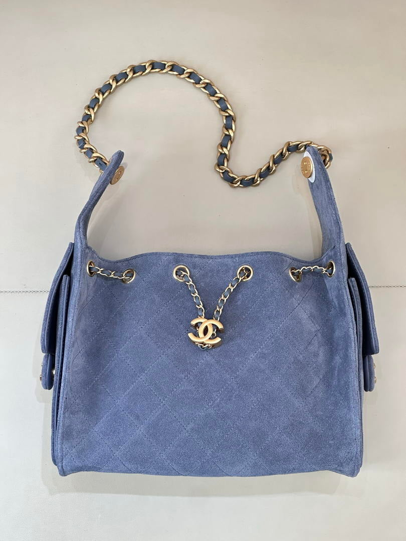 Chanel AS5293 Small Hobo Suede & Gold-Tone Metal Blue