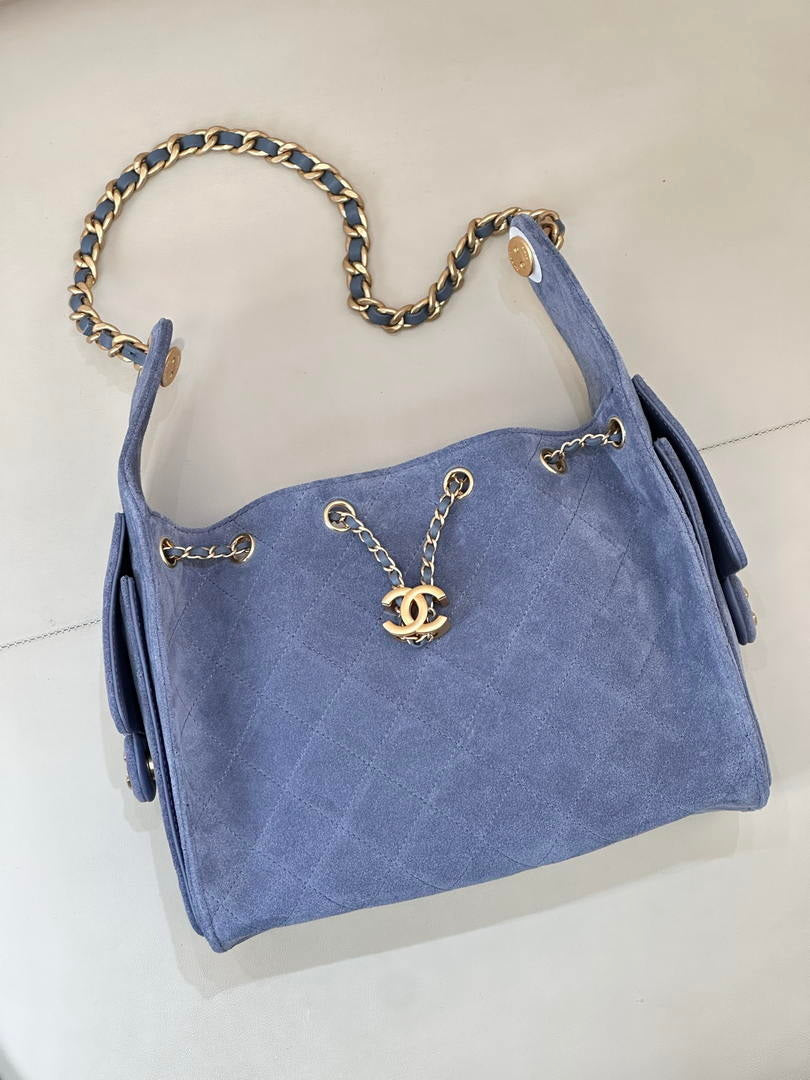 Chanel AS5293 Small Hobo Suede & Gold-Tone Metal Blue