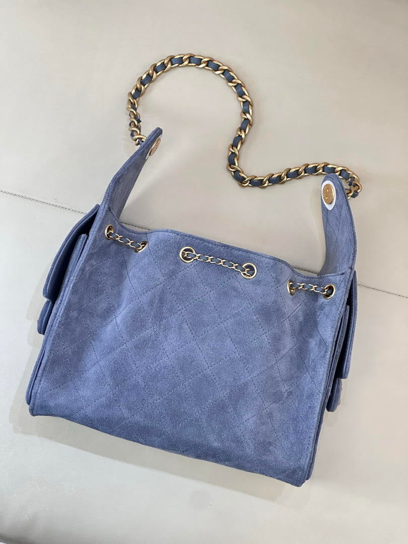 Chanel AS5293 Small Hobo Suede & Gold-Tone Metal Blue