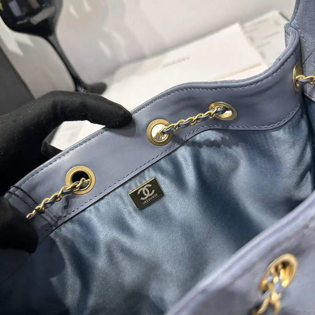 Chanel AS5293 Small Hobo Suede & Gold-Tone Metal Gray Blue