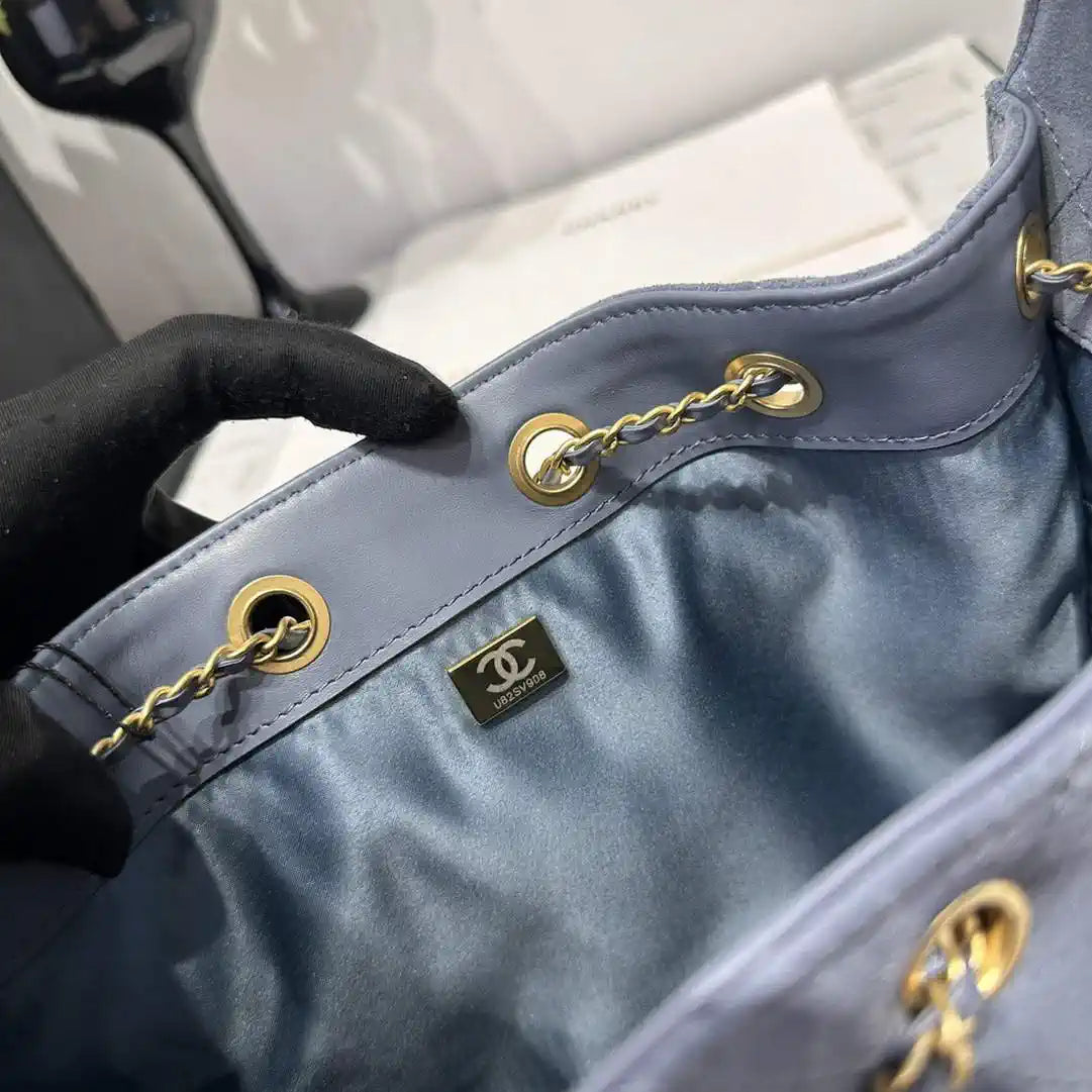Chanel AS5293 Small Hobo Suede & Gold-Tone Metal Gray Blue