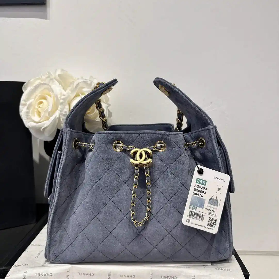 Chanel AS5293 Small Hobo Suede & Gold-Tone Metal Gray Blue