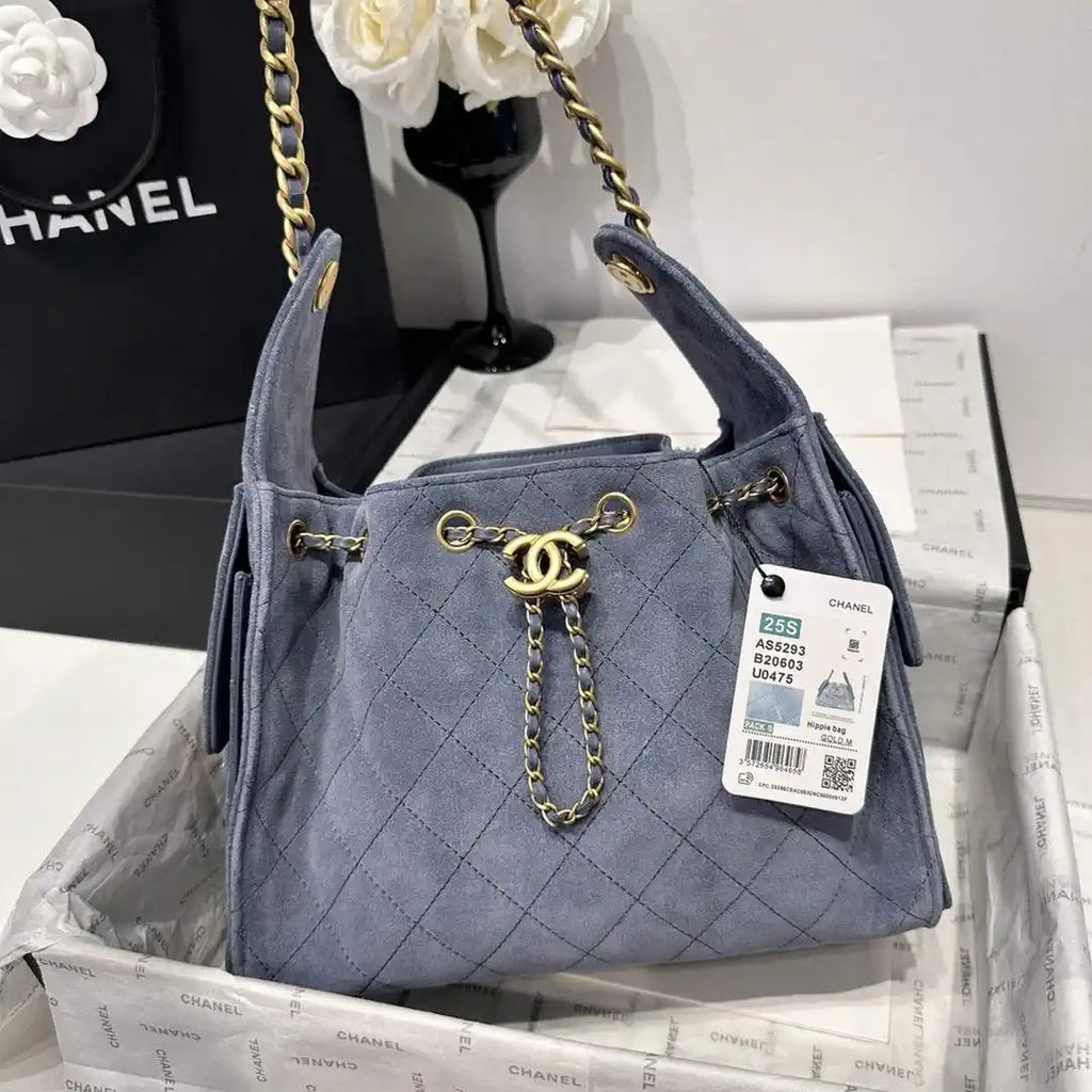 Chanel AS5293 Small Hobo Suede & Gold-Tone Metal Gray Blue