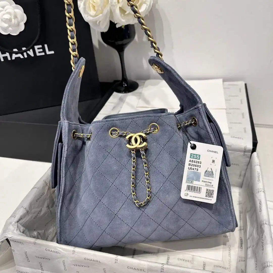 Chanel AS5293 Small Hobo Suede & Gold-Tone Metal Gray Blue