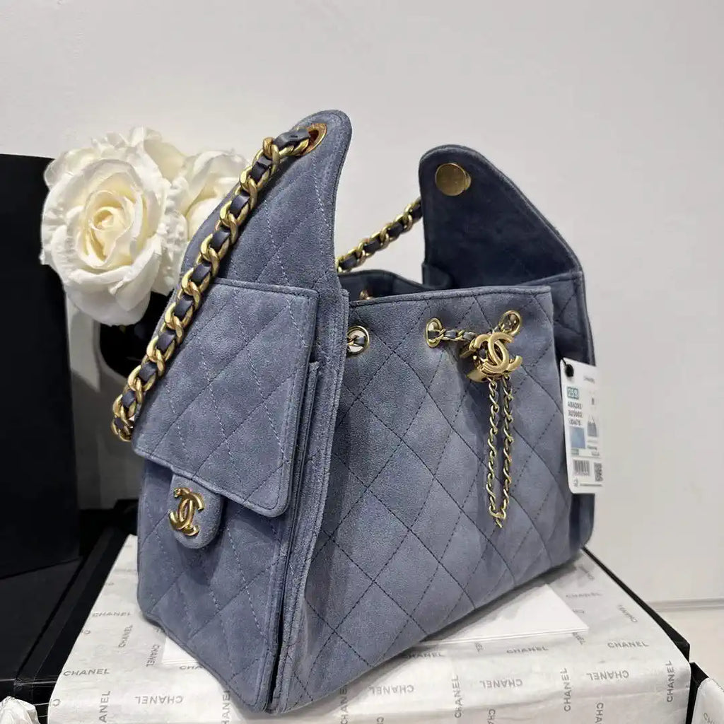 Chanel AS5293 Small Hobo Suede & Gold-Tone Metal Gray Blue