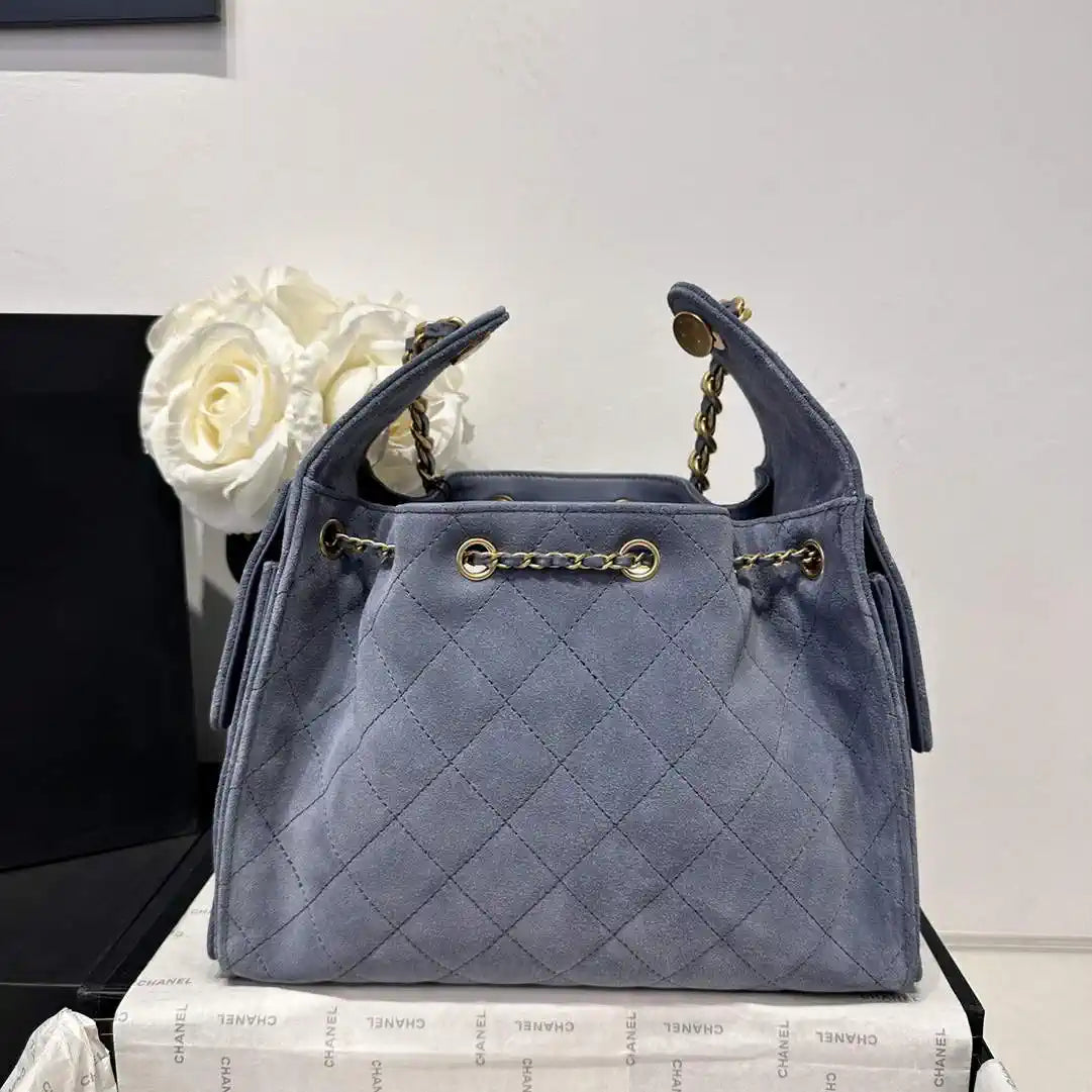 Chanel AS5293 Small Hobo Suede & Gold-Tone Metal Gray Blue