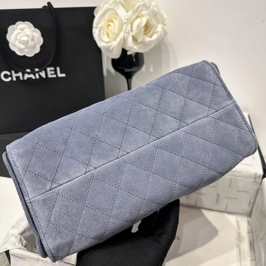 Chanel AS5293 Small Hobo Suede & Gold-Tone Metal Gray Blue