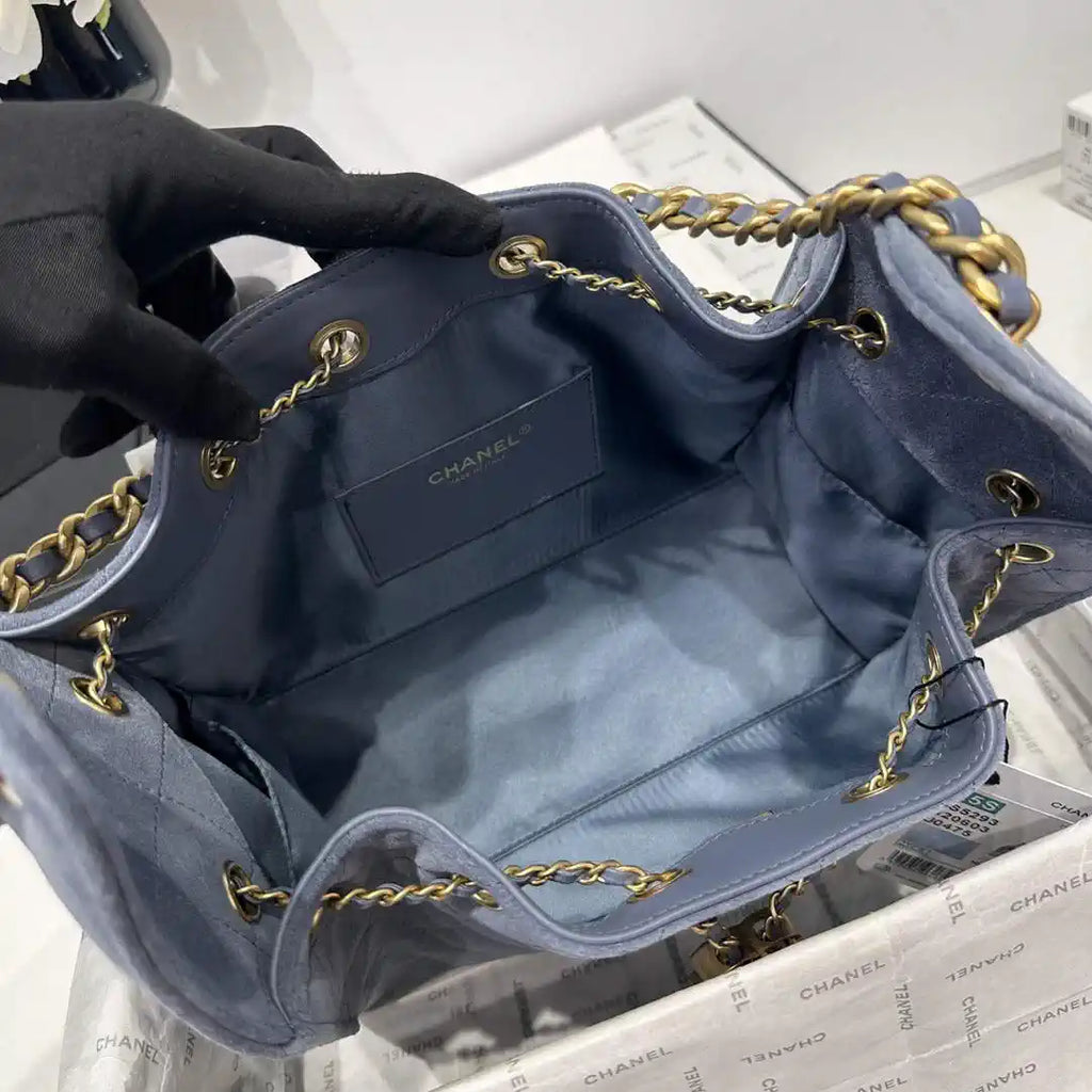 Chanel AS5293 Small Hobo Suede & Gold-Tone Metal Gray Blue