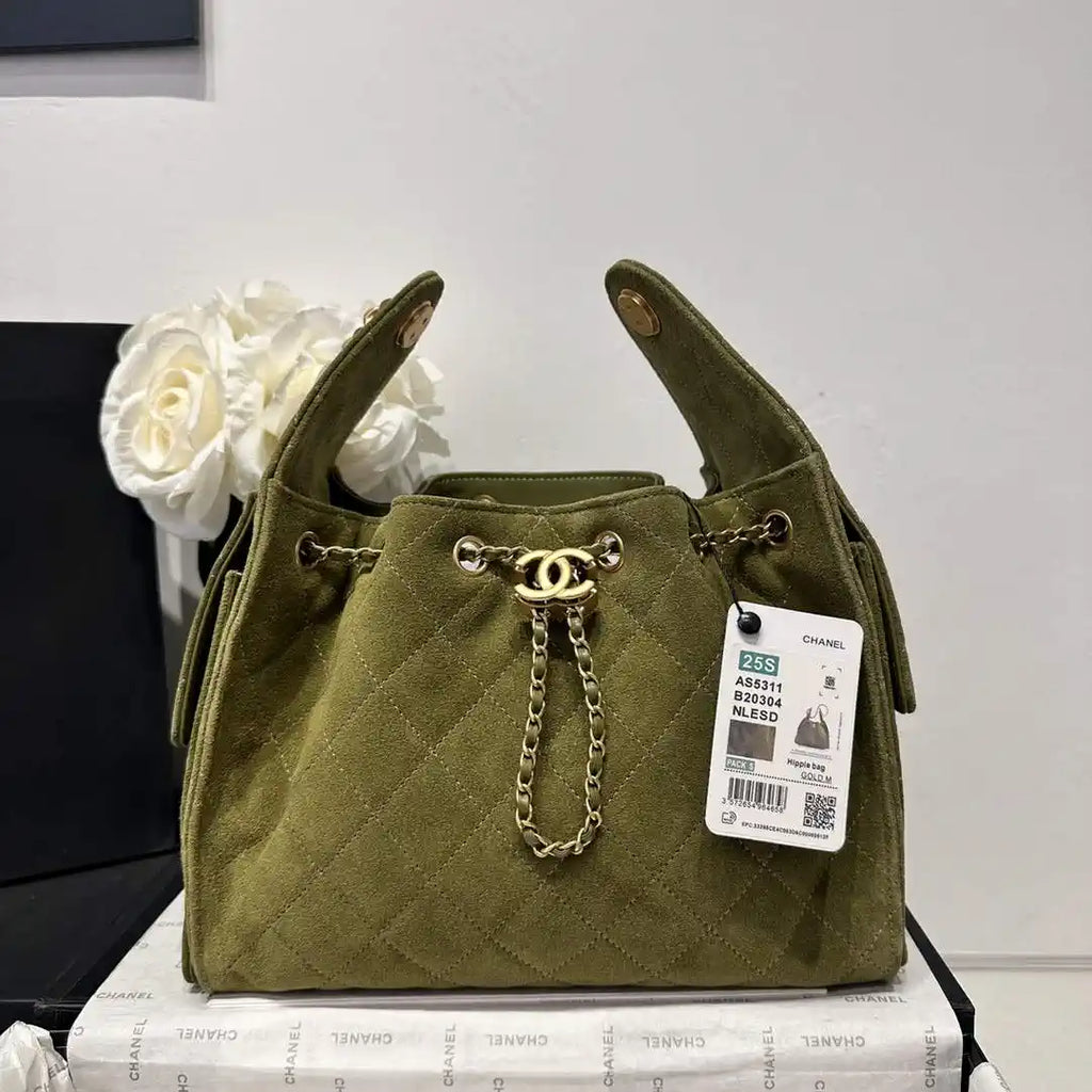 Chanel AS5293 Small Hobo Suede & Gold-Tone Metal Bronze Green