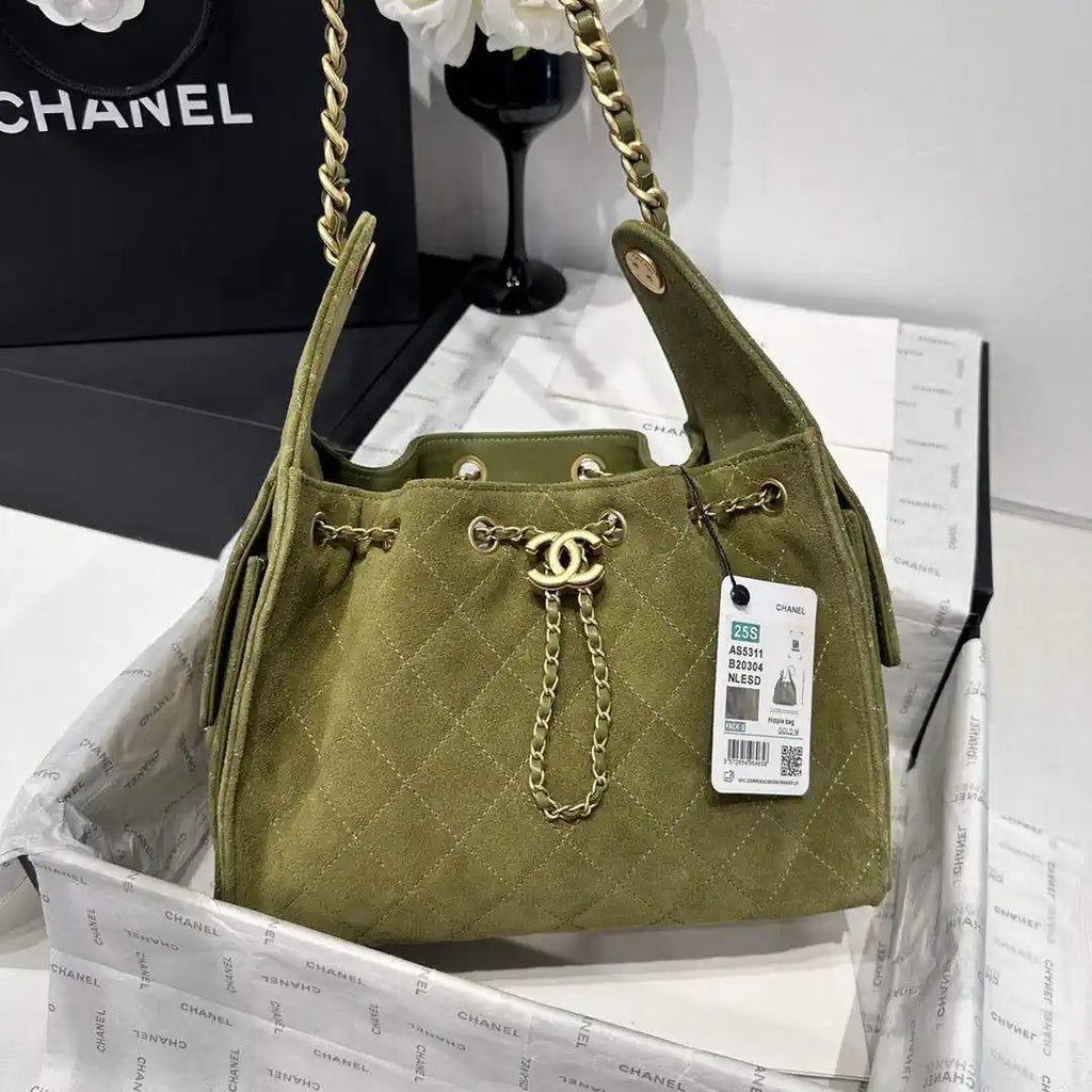 Chanel AS5293 Small Hobo Suede & Gold-Tone Metal Bronze Green